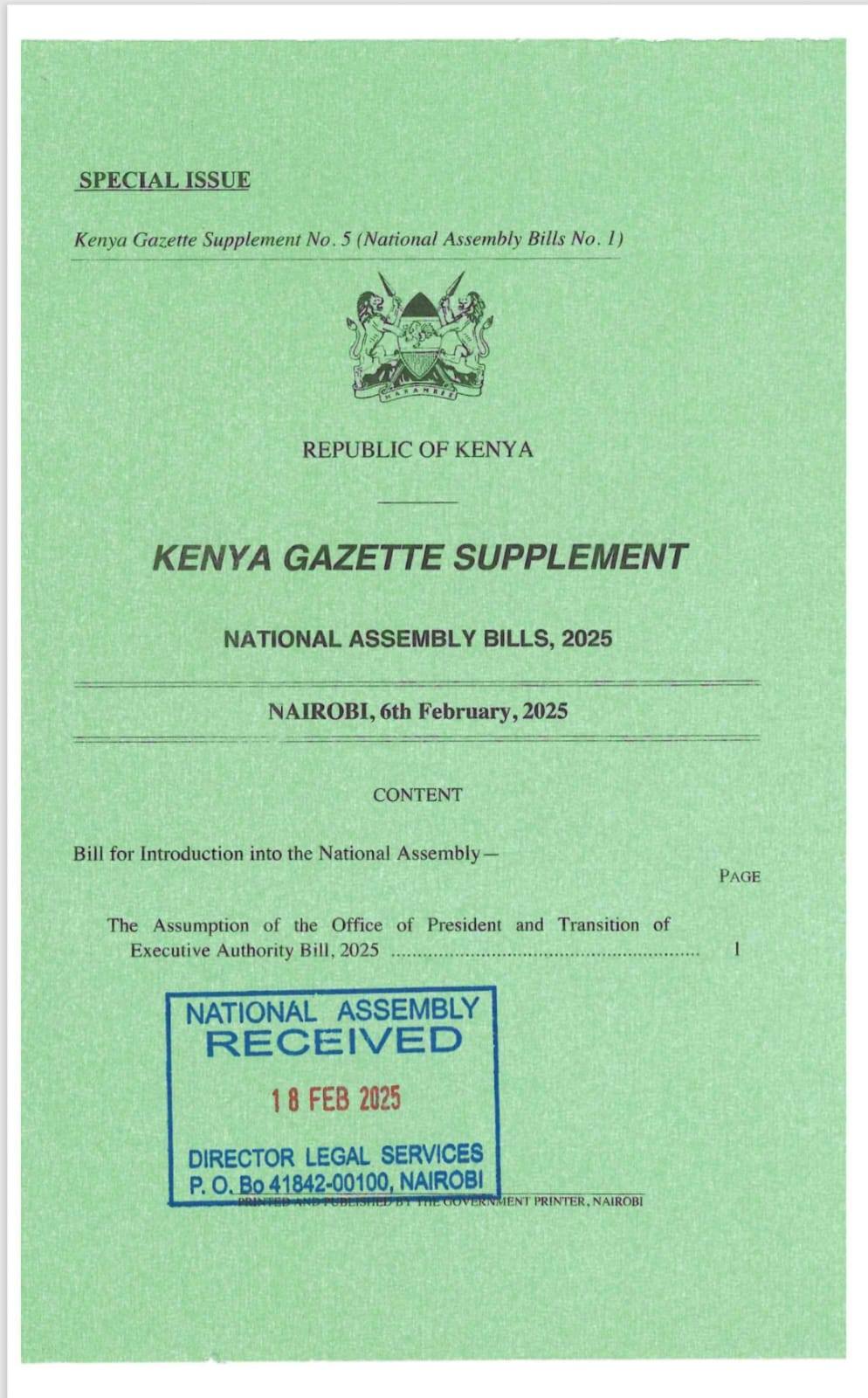 Bill setting guidelines for transition of power introduced in the National Assembly