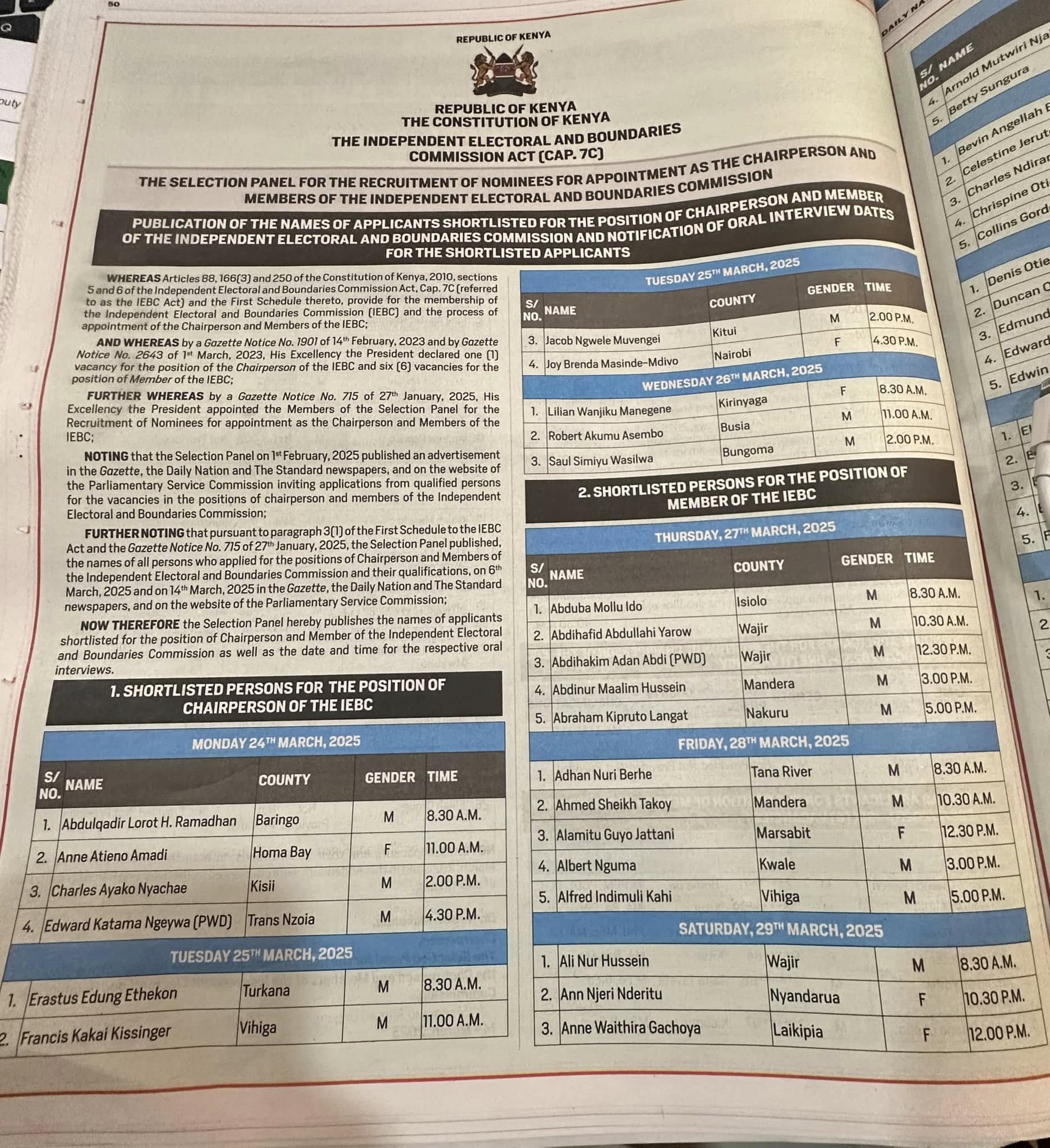 Selection Panel Shortlists Candidates for IEBC Chairperson and Member Positions