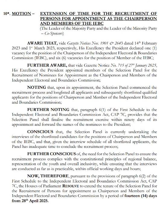 National Assembly approves 14 day extension period for the recruitment of persons for appointment as the chairperson and members of the IEBC
