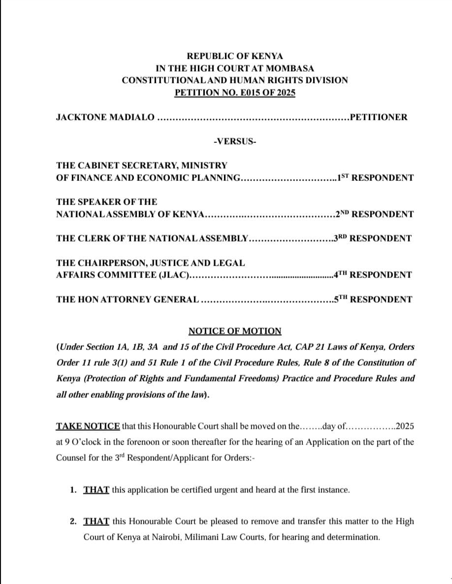 National Assembly seeks transfer of petition filed against ongoing public participation on a crucial bill to Nairobi