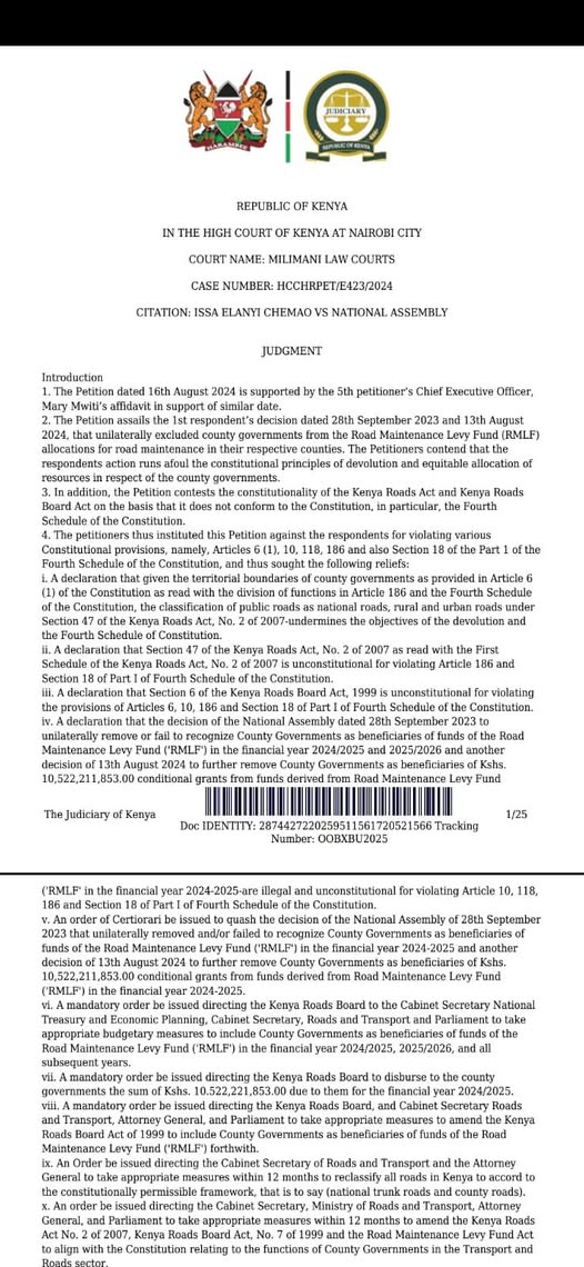 High Court declines cog's prayer for release of kshs.10b road maintenance levy fund to counties 