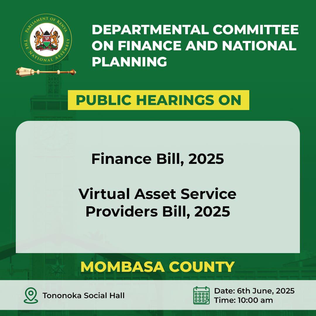 Public notification- invitation to public hearings on bills (Mombasa, Kilifi & Kwale Counties)