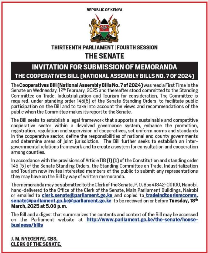 The Cooperatives Bill (National Assembly Bills No. 7 of 2014) has been introduced in the Senate. 
