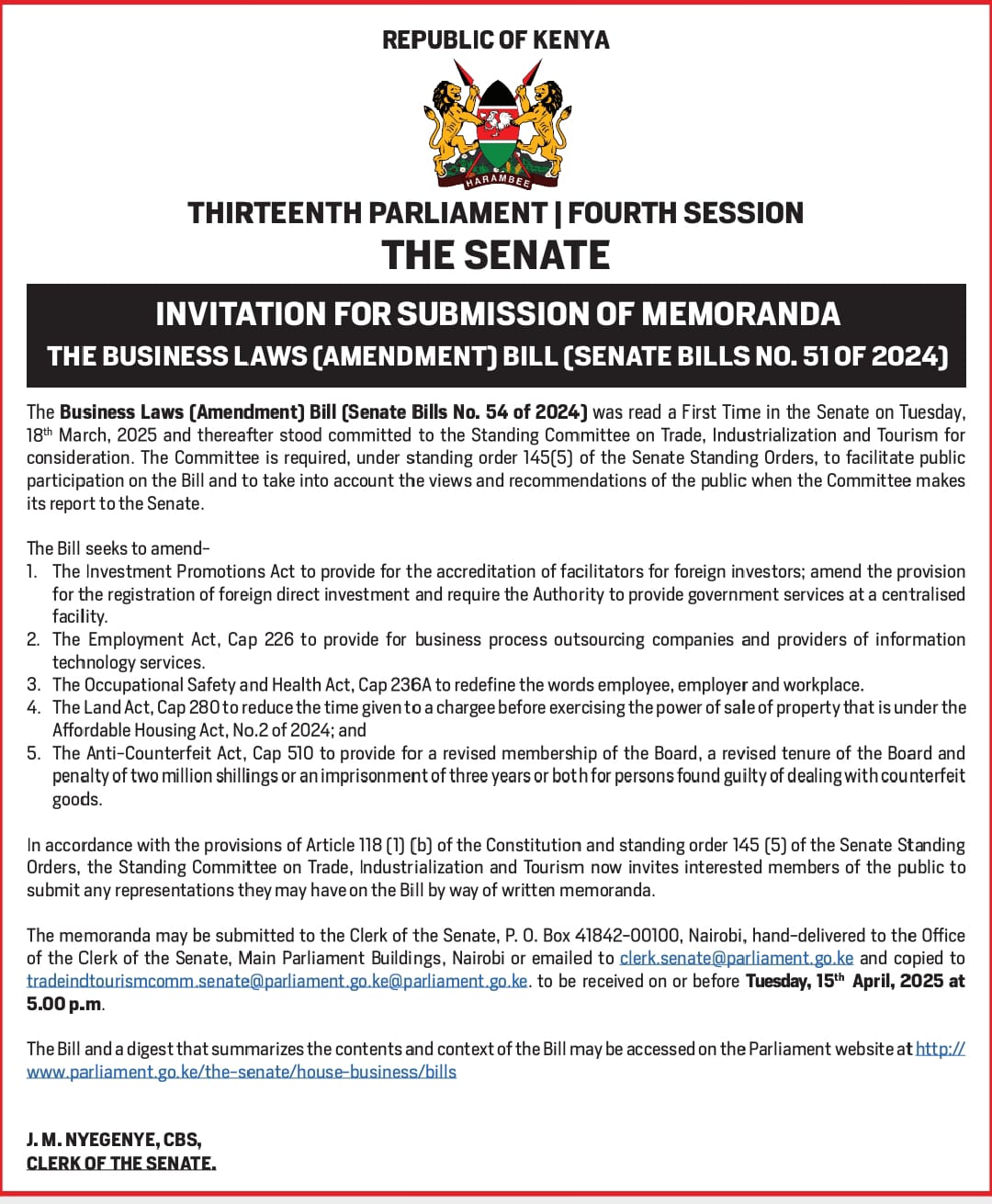 Submit your written memoranda on the Business Laws (Amendment) Bill (Senate Bills No. 54 of 2024) 